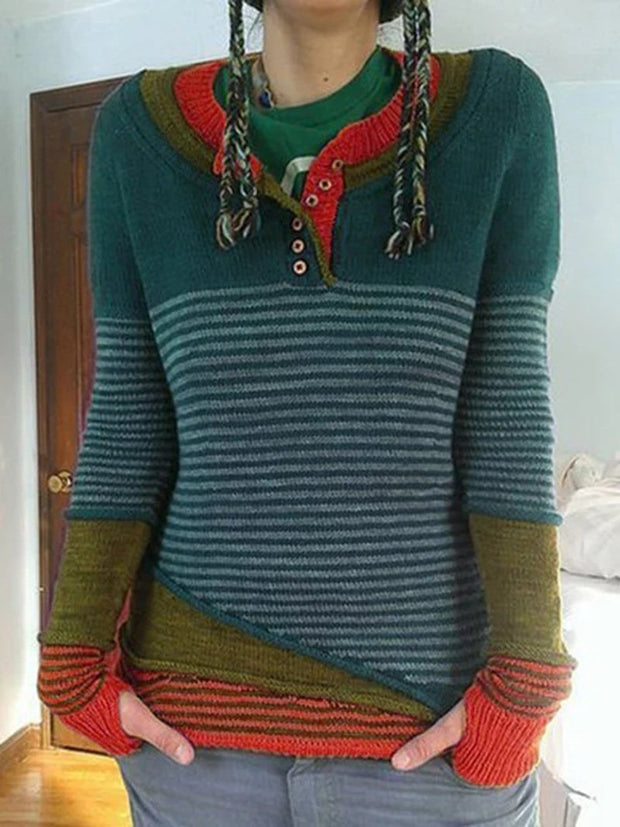 Striped Buttoned Color-block Knitted Sweater